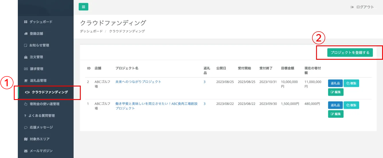 クラウドファンディング管理画面