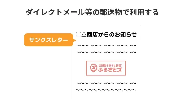 ダイレクトメール等の郵送物で利用する際の参考例。郵送物中央にふるさとズのロゴ画像が配置されている。